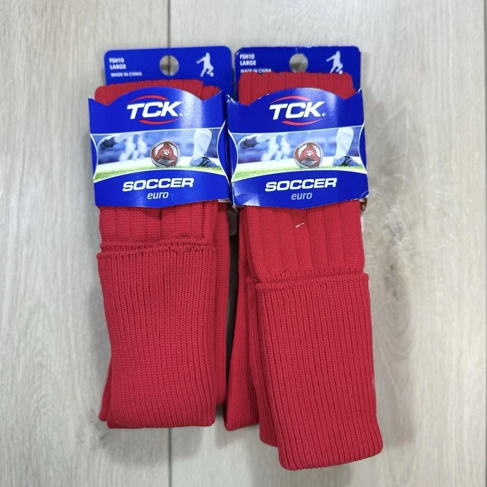 TCK Soccer‎ Euro Socks Scarlet Red Large FSH10 Rib Knit Fold Cuff Nylon Athletic